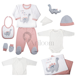 Set cadou nou-nascut bebelus 1-3 luni, 10 piese, 56cm Dino roz