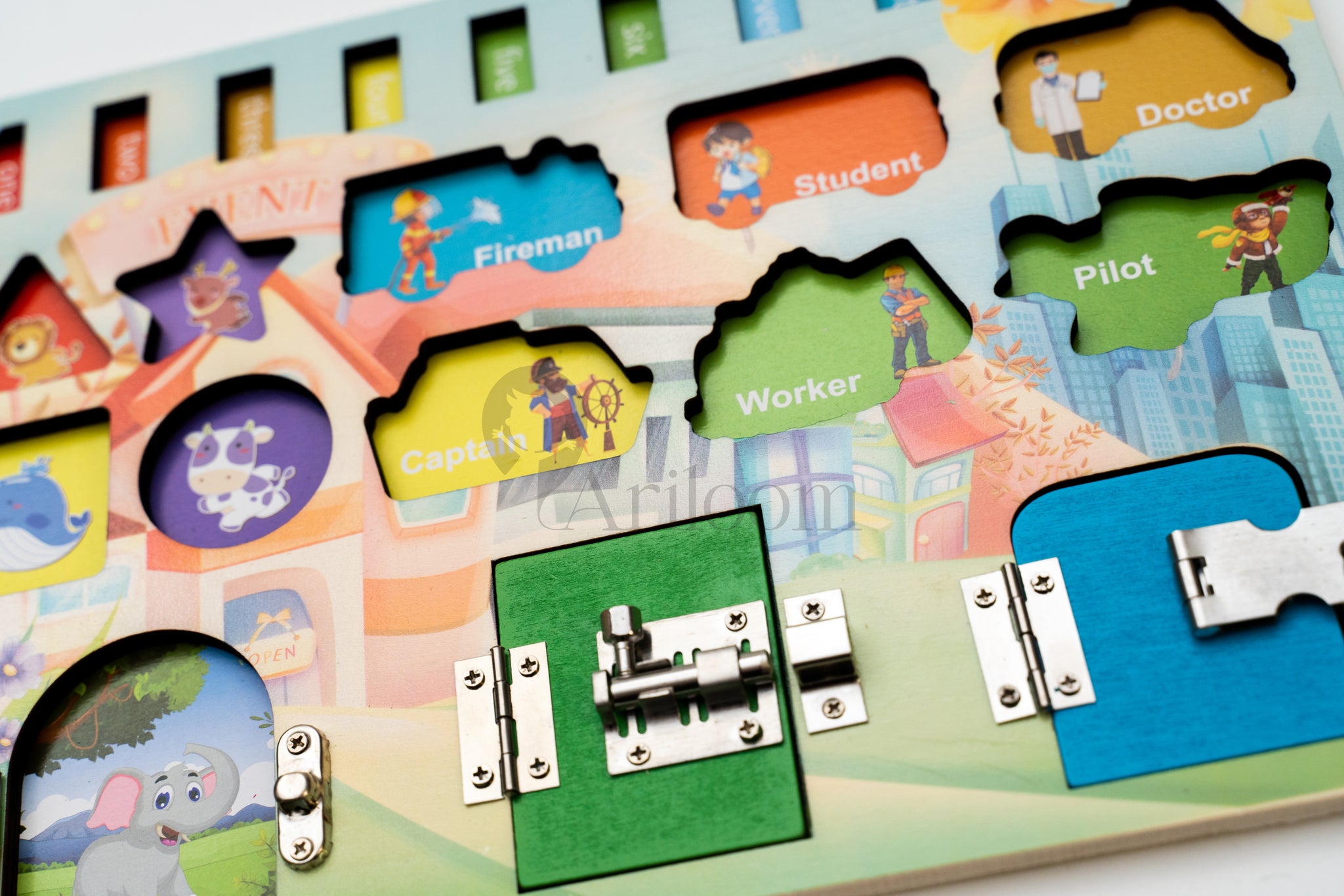 Jucarie panou activitati copii puzzle, forme, incuietori si joc de pescuit